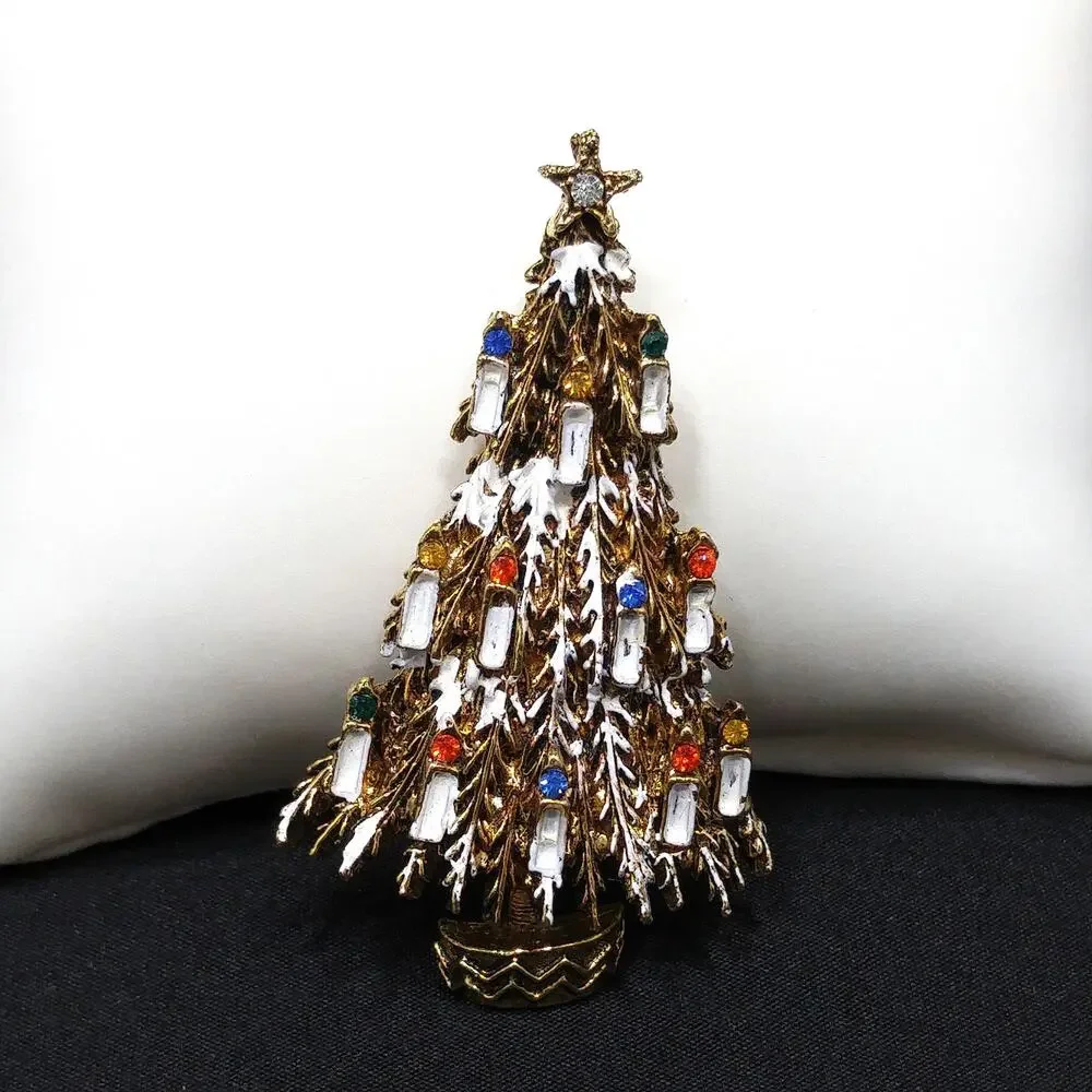 Vintage ART Arthur Pepper Christmas Tree Brooch Enamel Candles 1960s Book Piece